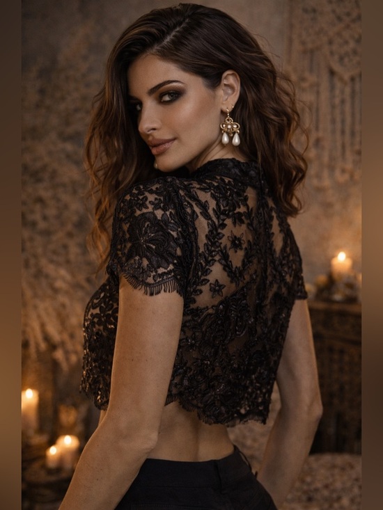 Stone Cold Fox Black Embroidered Lace Crop Top M Mock Neck Sheer Luxe NWOT - Picture 3 of 13